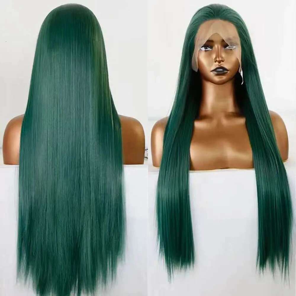 Dark Synthetic Long Straight Lace Front Silky Hair Glueless For Women Natural Hairline Green Wig Cosplay