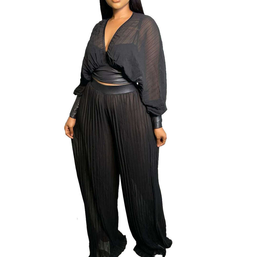 Women's Wear Women's Summer Long Sleeved V-Neck Bat Sleeve Top Folded Hundred Pleats Wide Leg Pants Two Piece Set