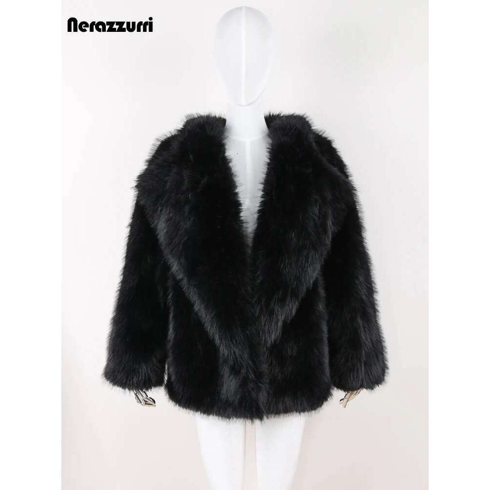 Nerazzurri Autumn Winter Black Thick Warm Hairy Shaggy Soft Faux Fox Fur Coat Women Long Sleeve Loose Casual Fluffy Jacket 2024
