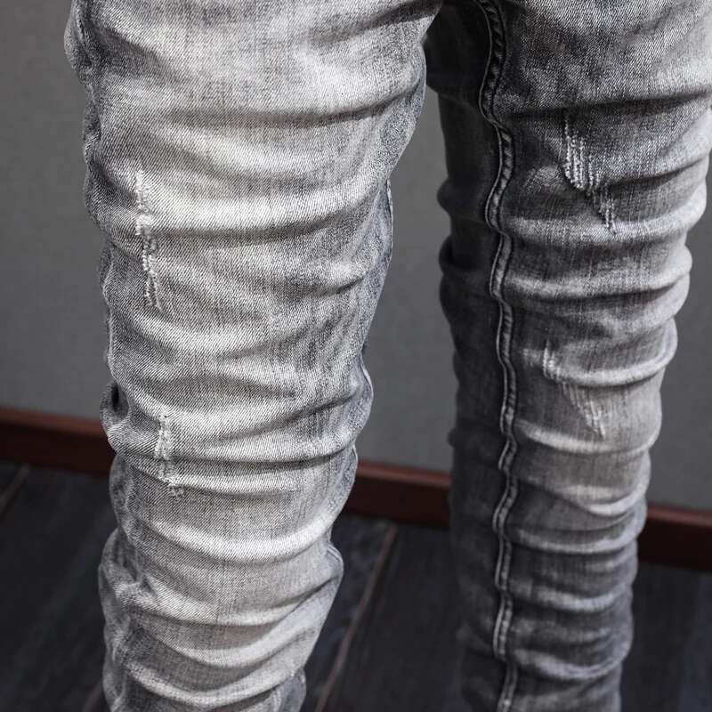 Newly Designer Fashion High Quality Retro Dark Gray Elastic Slim Fit Ripped Jeans Men Vintage Casual Denim Pants Homme