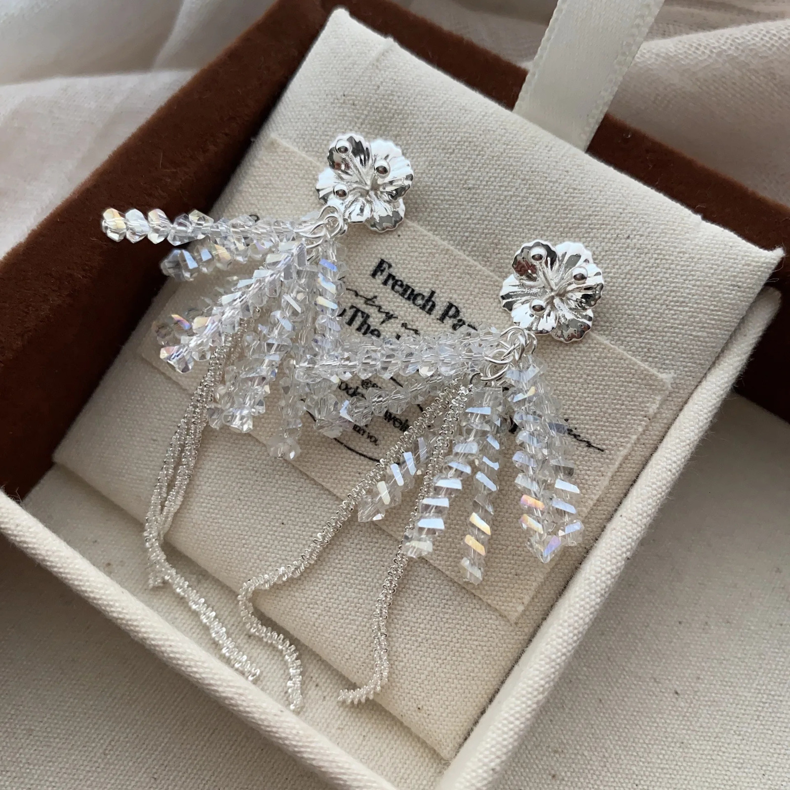 Korean Fashion Handmade Crystal Pearl Flower Tassel Stud Earrings for Women Statement Jewelry Dangle Pendientes 250517