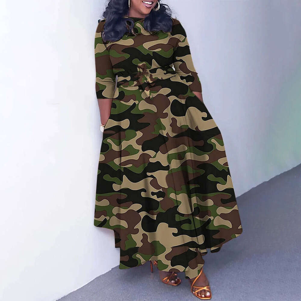 Women's Wear Women's Spring New Fashionable And Stylish Style Lace Up Print Large Medium Length Dress