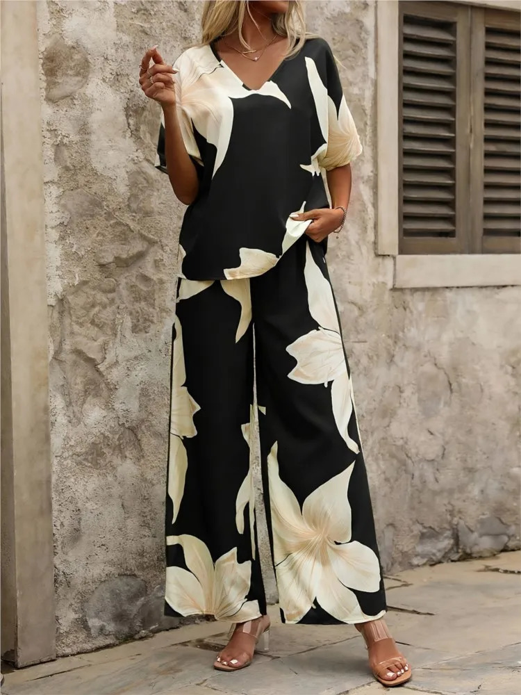 Fashion Print Two Piece Set For Women Casual V-neck Short Batwing Sleeve Top And High Waist Wide Legs Pants Loose Sets Female 250516