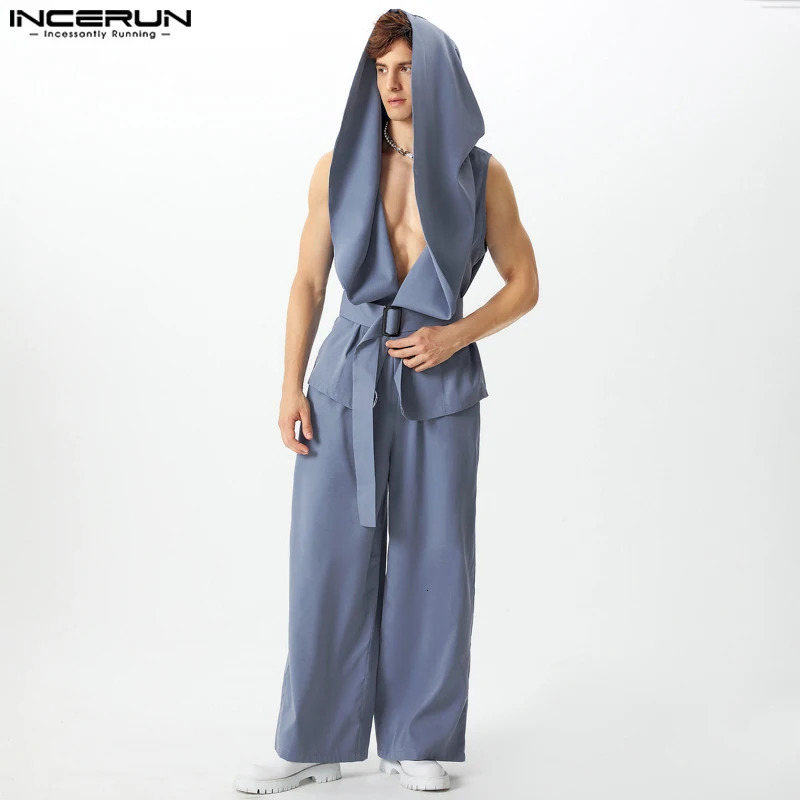 INCERUN American Style Sets Fashion Sexy Mens Hooded Silhouette Belt Vest Wide Leg Pants Casual Male Two-piece Sets S-5XL 250519