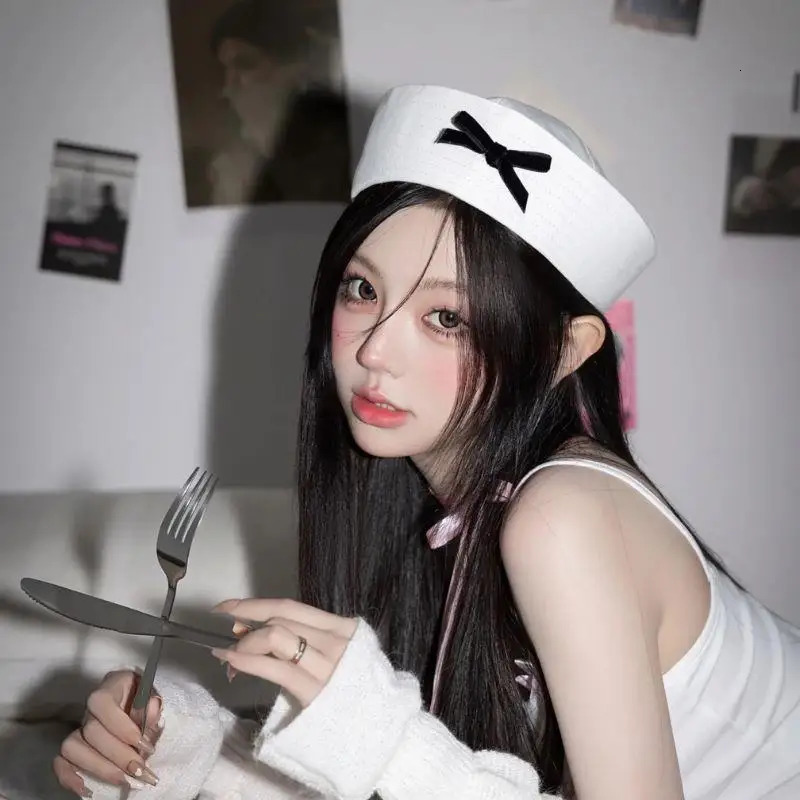 Y2K Sweet Pink White Bowknot Beret JK Beret Hat Sexy Dome Sailor Hat Korean Style Navy Cap Niche Flipped Nurse Cosplay Beret Cap 250520