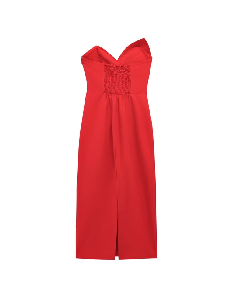 TRZA Strapless Midi Dress for Women Bow Detail Sweetheart Neck Side Zipper Fashion Female Vestidos Mujer 250520