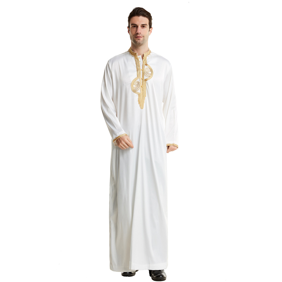 Designer Clothing Embroidery Collar Robe Solid Color Simulation Silk New Standing Collar Ethnic Clothing Men's Clothing 2025 New Style