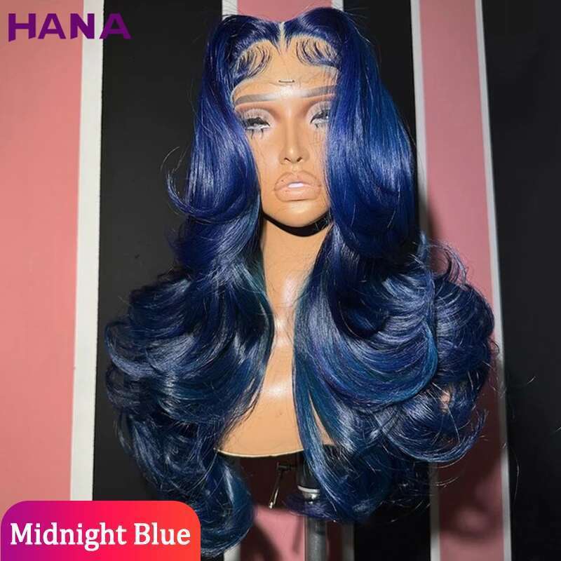 Midnight Blue Color Transparent 13x4 13x6 Body Wave Frontal Wig Pre-Plucked Remy 5x7 Lace Closure Human Hair Wavy Wigs