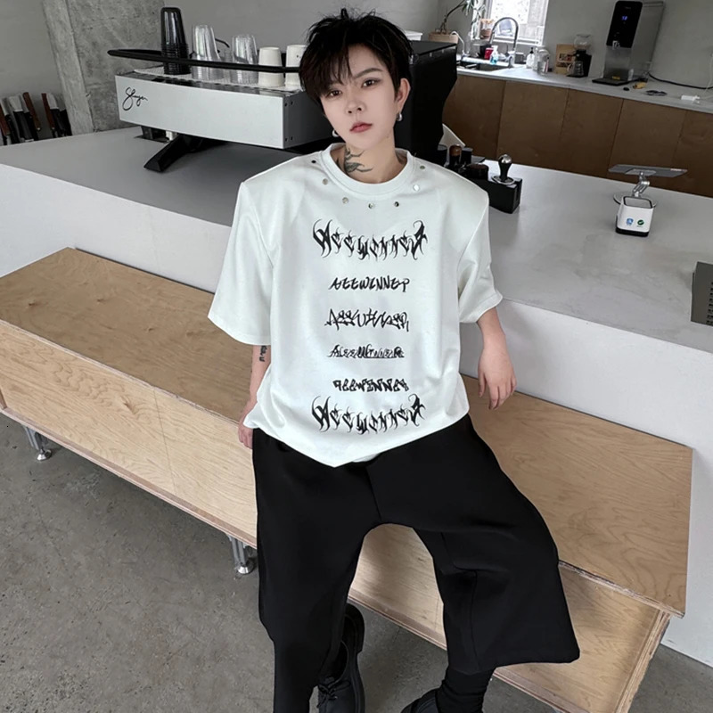 LUZHEN Metal Printed Short Letter Sleeved Rivet T Shirts Decorate n Trendy Summer Shoulder Pad Mens Street Tops LZ9726 250520