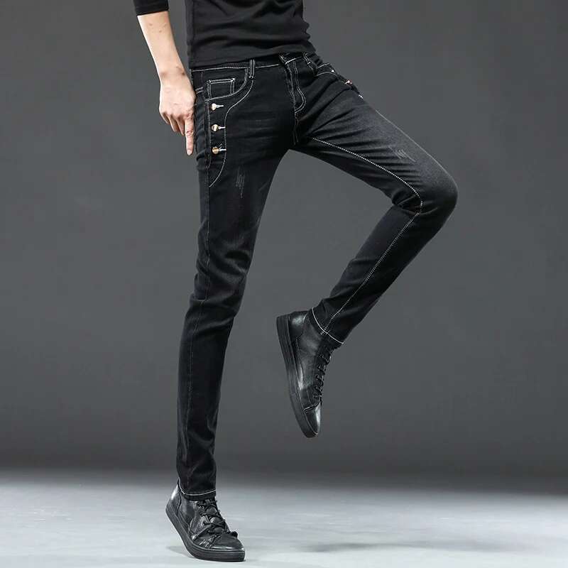 Classic Slim Vintage Men's Designer Jeans Snowflake Grey Wash Korean Fashion Stretch Pants Multi-button Denim Trousers