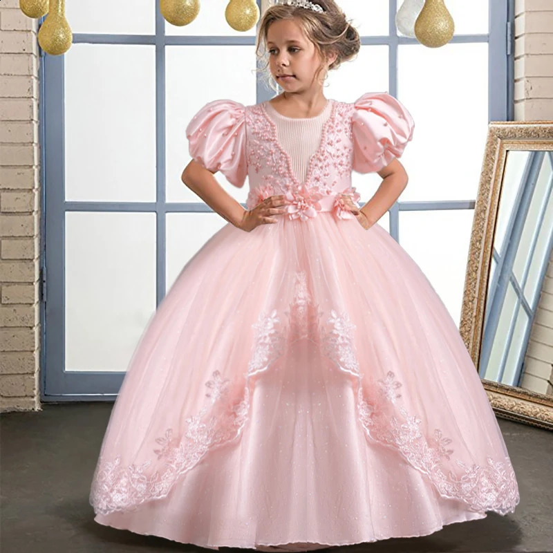 Elegant Girls Birthday Party Dress for 4-12 Years Old Halloween Princess Dress Bubble Sleeves Girls Fluffy Dress 250519