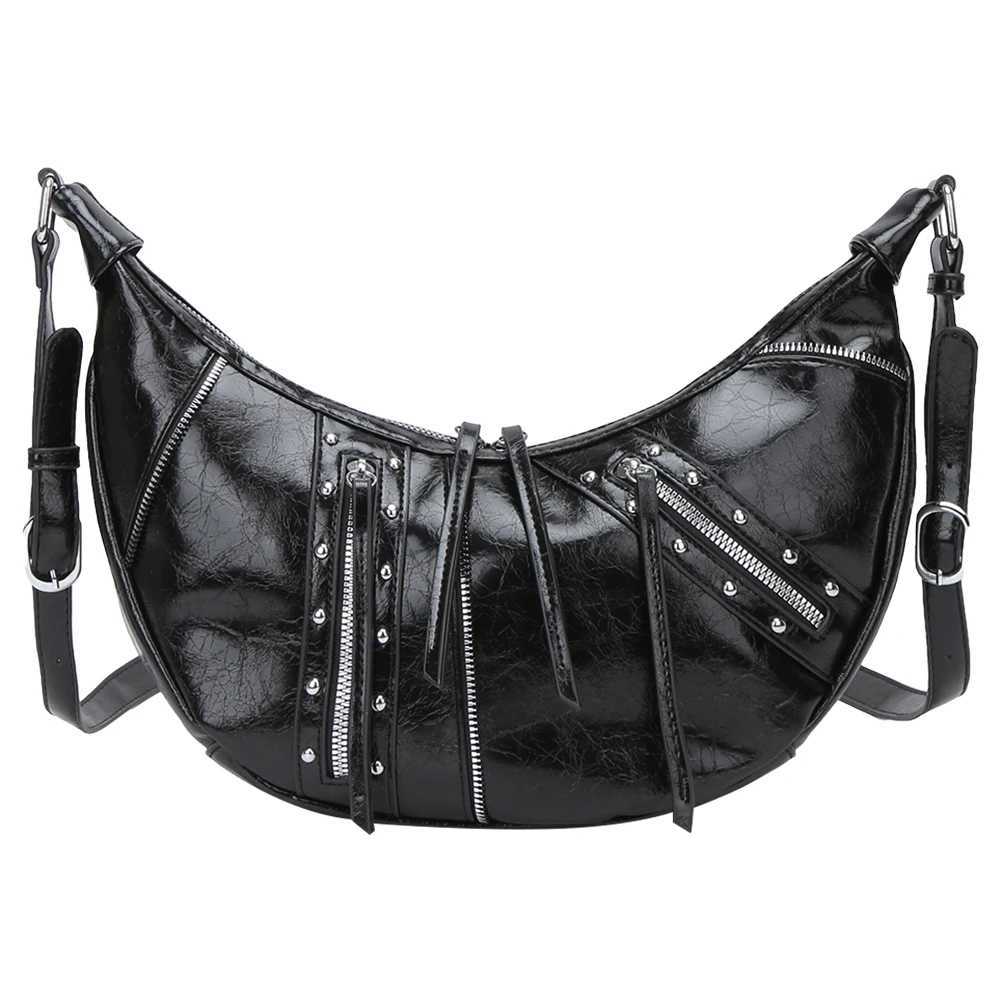 Women PU Leather Crossbody Bag Y2K Punk Crescent Bag with Inner Pocket Hobo Bag with Zipper for Work Travel M250520