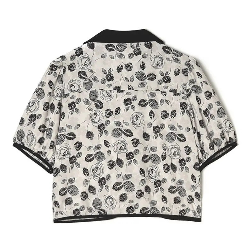 Black Floral Printing Elegant Chic PoloNeck Short Sleeve Womens Blouse Shirt Vintage Female Clothing Tops 2025 Fashion 250514