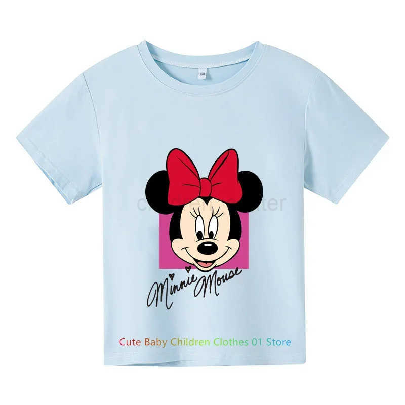 Disney Cotton Childrens Short Sleeved Fashionable Casual Girl Top T-shirt with Cute Cartoon Mickey Mouse Pattern Print W250520