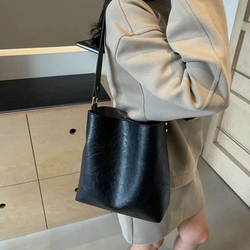 Women's Bags Designer FOXER Women PU Classic Bucket Shoulder Handbag With Two Strap, Lady Large Capacity Bag Set Simple Purse