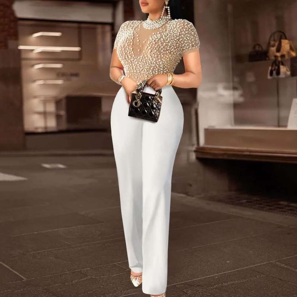 Elegant Jumpsuits & Rompers For Women O Nec Short Sleeve Beaded High Waisted Female Birthday Dinner Party Overalls Outfit