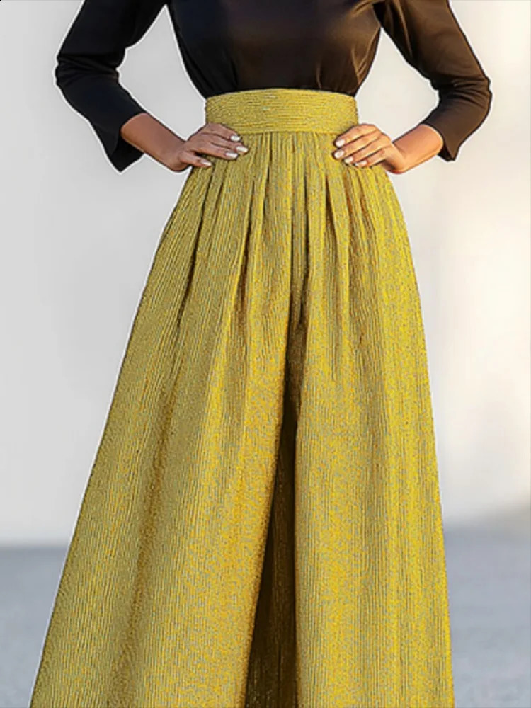 Missoo Womens Pants Elegant Gold Full Length Trouser Elastic High Waist Loose Long Leg Fashionable Bottom 250420