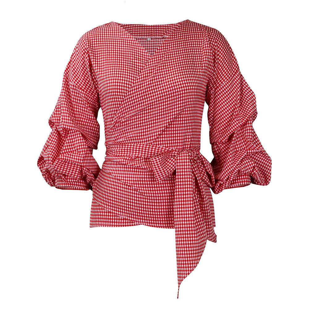 Women's Wear D3319 Summer Large Fashion V-Neck Bubble Sleeve Big Bow Decorative Shirt Checkered Strap Top