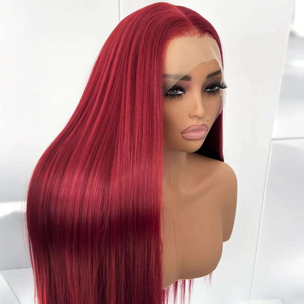 Long Red Women Silky Straight Synthetic Hair Free Part Wine Bury Colored Heat Resistant Fiber Wigs for Daily Party