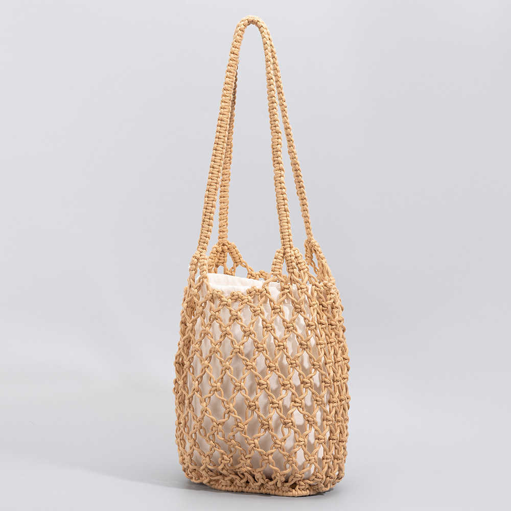 Cotton Thread Hand Woven Bag for Womens Beach Big Bag New Summer Vacation Beach Bucket Shoulder Bag for Women