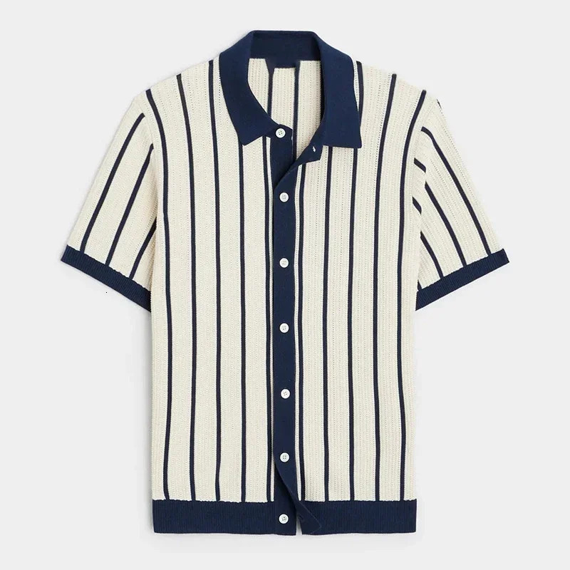 y Knitting Striped Shirts Men Vintage Turndown Collar Button Short Sleeve Mens Knit Shirt Summer Trendy Slim Cardigan 250520
