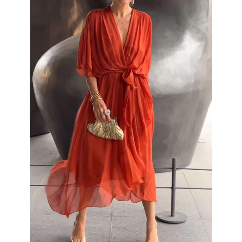 Dress Designer Summer Dresses Partydress June Buttock Womandress 2025 New Womens Solid Color Lace Up Long Skirt with Bat Sleeves Style Dress in Plus S