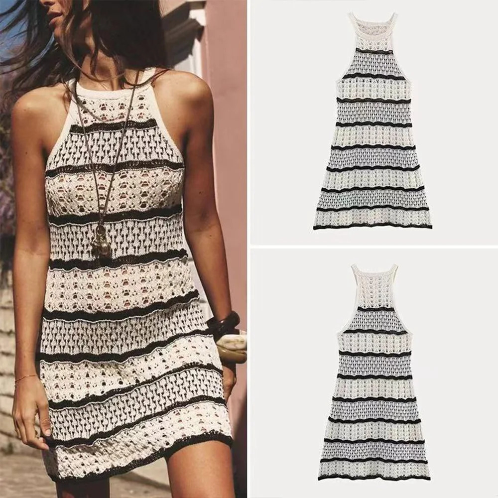 Classic Black White Contrast Color Sleeveless Striped Texture Hollow Out n Women Slim Mini Halter Dress ZATT Spring 250520
