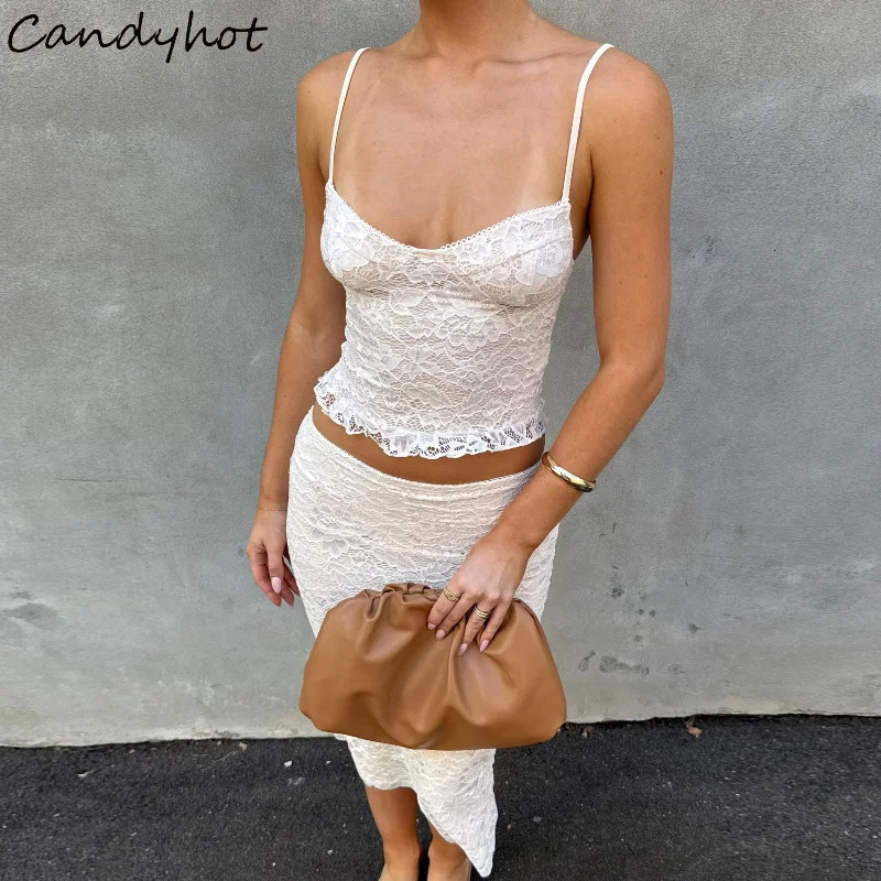 Candy Sexy Lace Vneck Spaghetti Strap Tops and Bodycon Trumpet Long Skirt Y2K Summer Fashion Daily Outdoor Women 2 Piece Set 250520