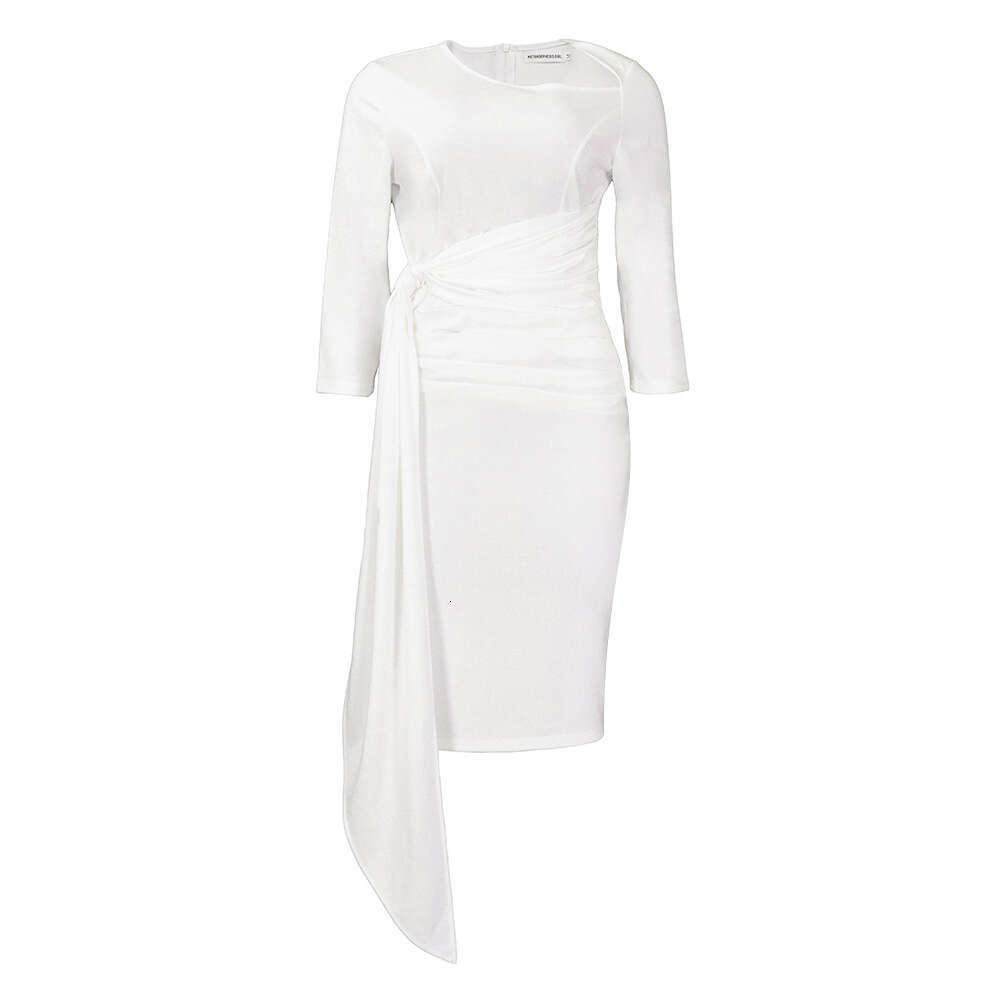 Women's Wear D3168 Women's 2022 Autumn/Winter New Solid Color OL Style Commuter Pleated Tie Up Dress