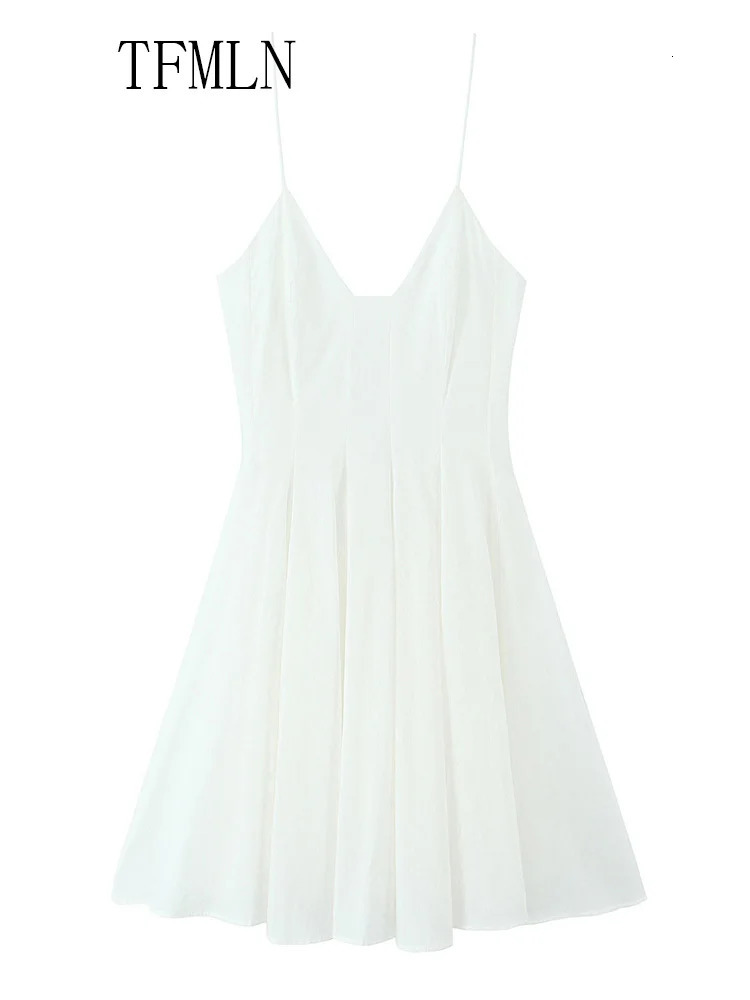 TFMLN Sweet Women Pleated Mini Strap Dress Summer Elegant Vneck Sleeveless Backless Party Chic Causal Aline 250520