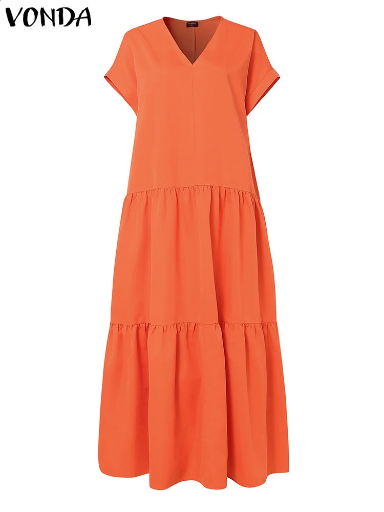 Plus Size VONDA Women Bohemian Dress 2025 Summer Sundress Solid Color Casual Short Sleeve Party Ruffled Vestidos V-Neck Robe 250519