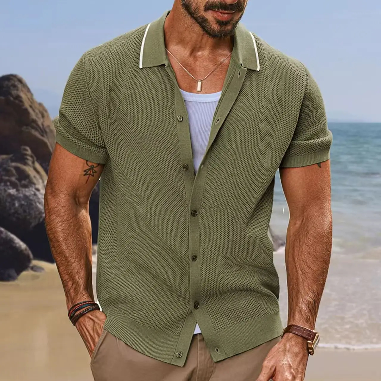 Spring Summer Knitting Polo Shirt Men Casual Turndown Collar Button Solid Top Short Sleeve Ice Silk Tee Vintage Cardigan 250520