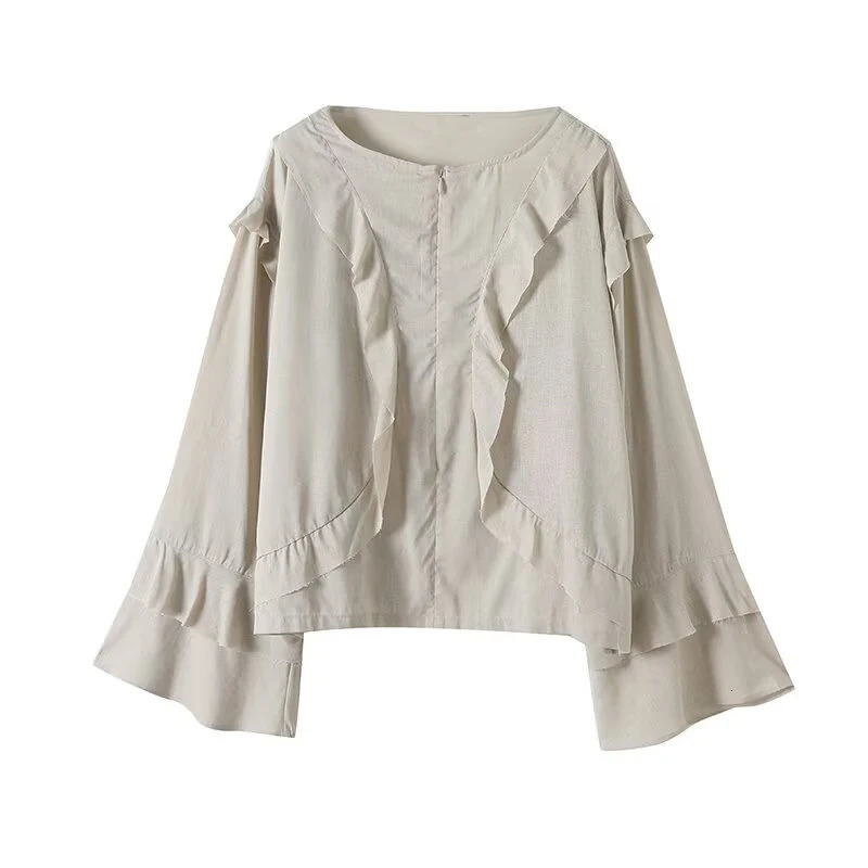 UNIZERA womens shirt fashionable and romantic ruffle Vneck long sleeved solid color temperament summer 250520