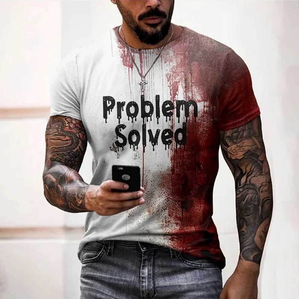 Mens T Shirts Problem Solved Bloody Print Tees Fashion Horrible Halloween Short Sleeve Casual Round Neck Oversized T-shirt TopsXJ250520