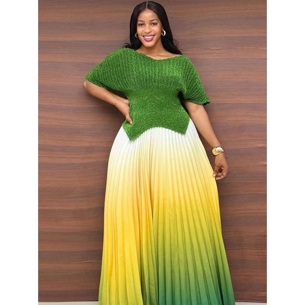 Women Plus Size Gradient Color Long Skirts And Tops Pleated 2 Piece Outfit Dubai Prom 2025 Casual For Female Fashion Sets