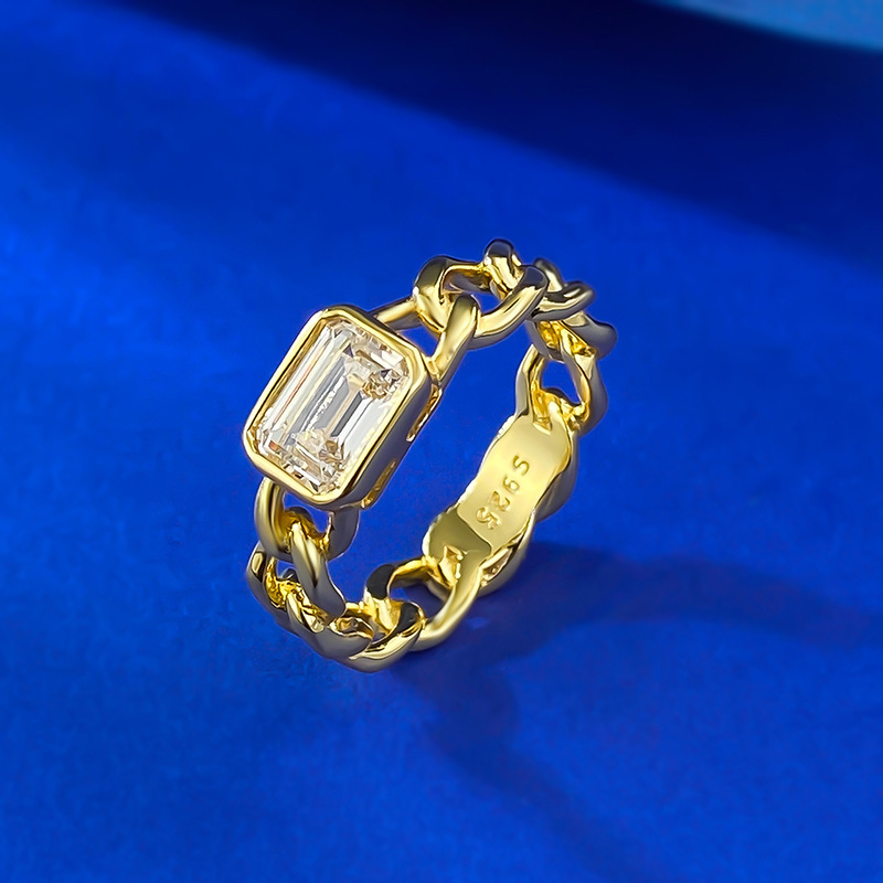 S925 Sterling Silver 5x7 Rectangular Cubic Zirconia Cuban Link Chain Gold Ring, Unique Hollow Design