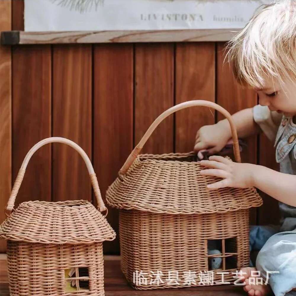 Handmade House Rattan Bag Wicker Woven Handbags Cute Basket For Women 2023 Summer Beach Bags Square Box Purses Clutch Tote
