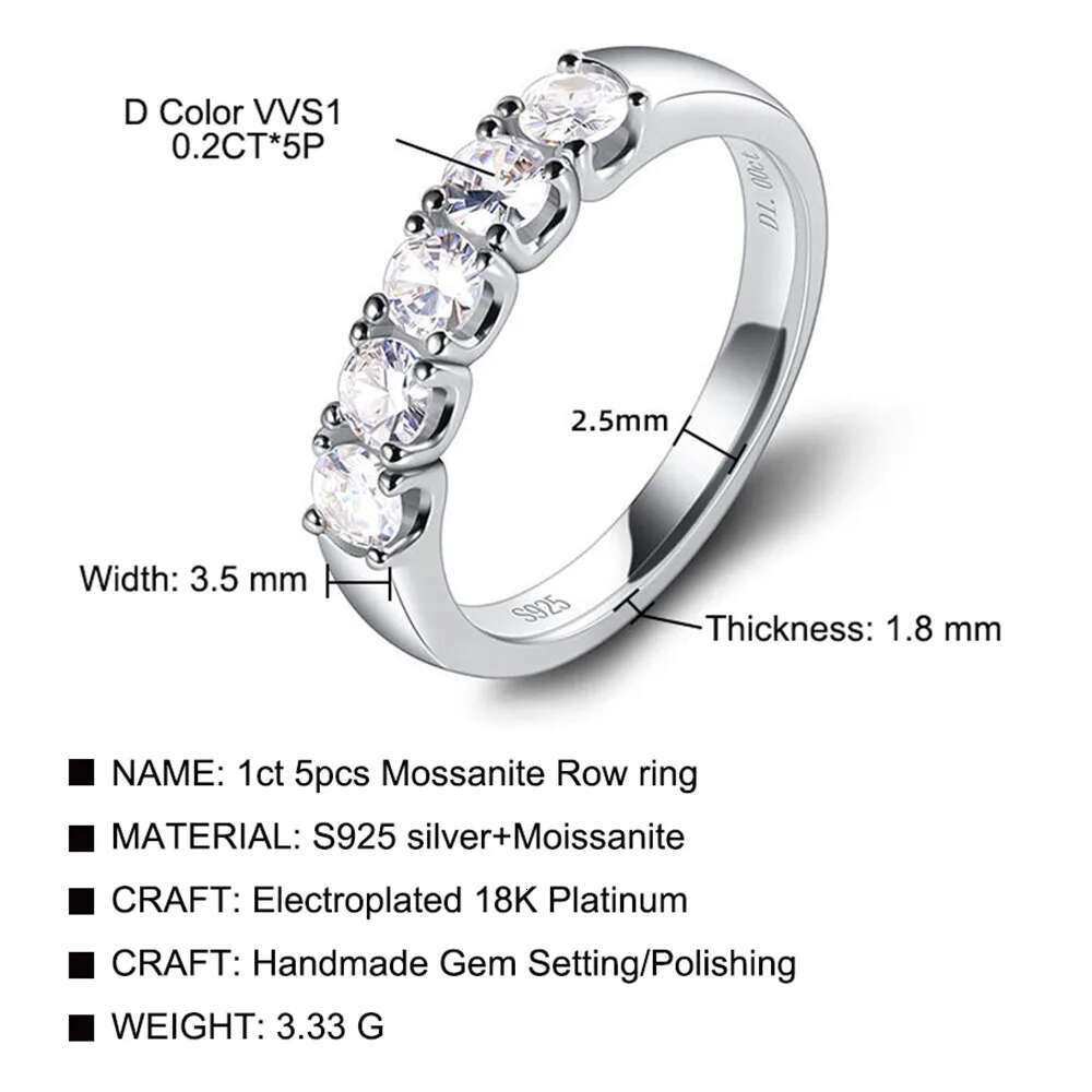 COSFIX 5 Stones D Color 1 Carat Moissanite Row Ring 925 Sterling Silver Plated Pt950 Band Fine Jewelry For Women Wholesale