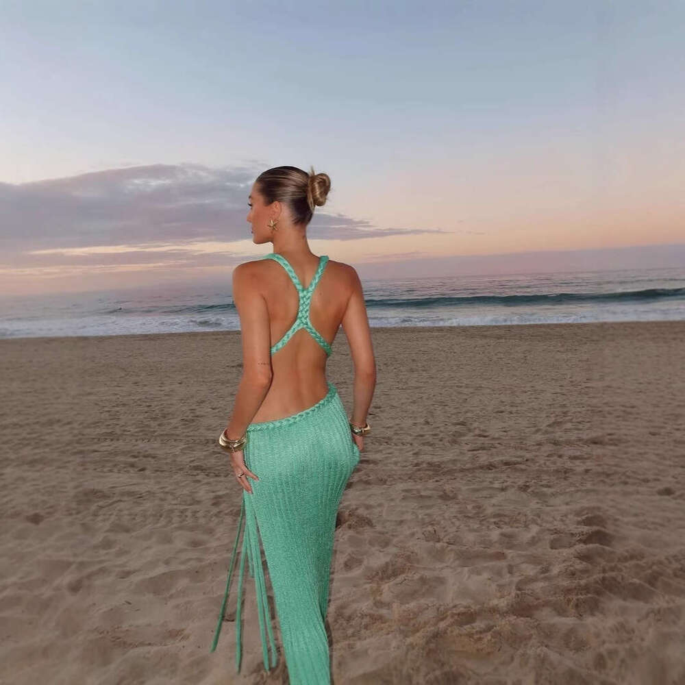 European and American design dress 2025 beach slim fit sexy backless cover shirt knitted suspender outer long skirt summer women's new style temp
