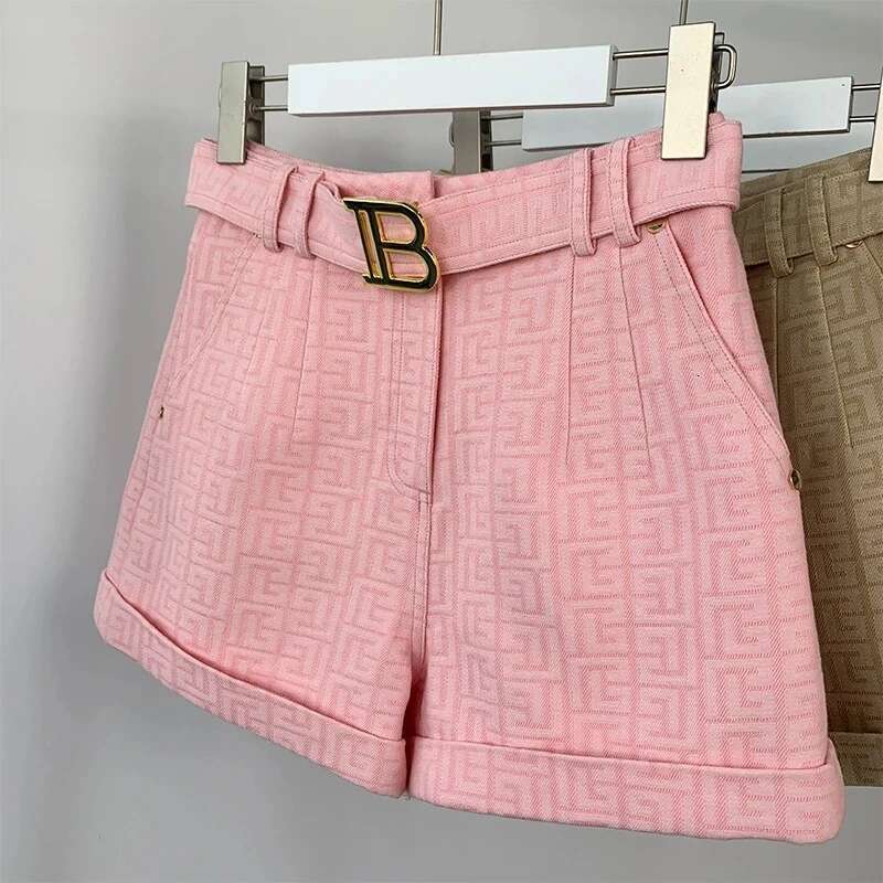 5 Colors Option Pink Texture Washed Denim Shorts For Women With Belt Casual Style Quality Jeans Trousers
