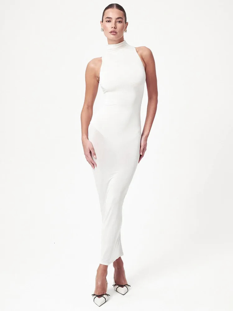 Mozision Summer Fashion Offshoulder Sexy Maxi Dress Women See Through Turtleneck Sleeveless Bodycon Club Beach Long 250520