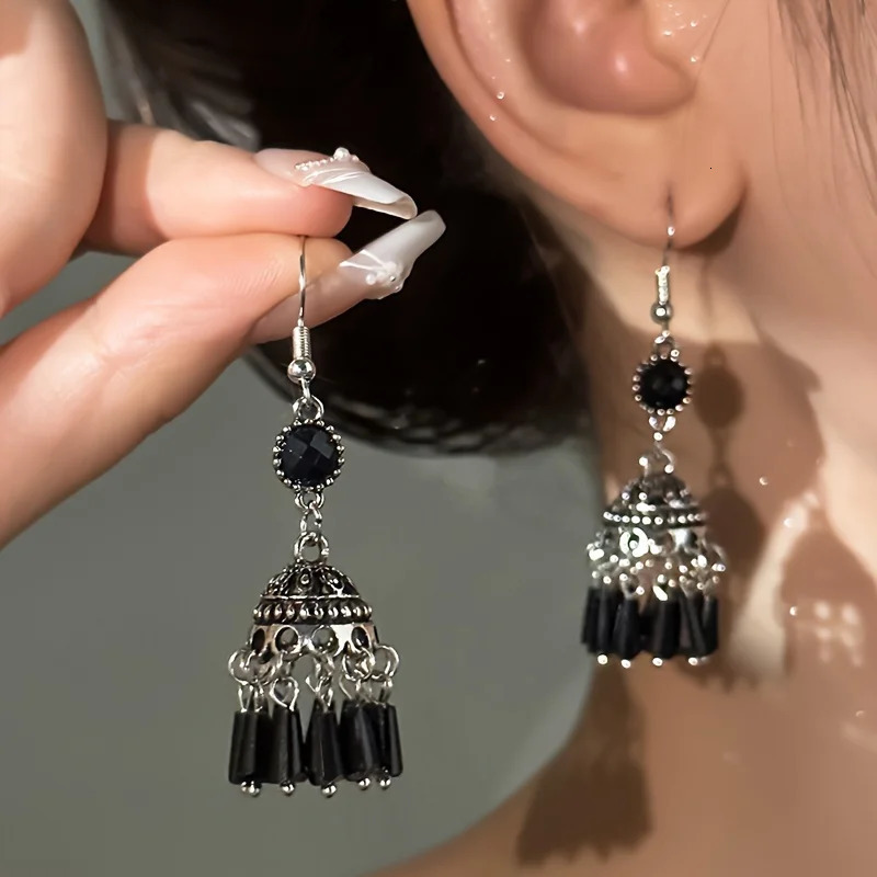Chic Tassel Lantern Earrings - Exquisite Black Chandelier Drops Dangling Ethnic Style Hooks Hypoallergenic for Sensitive Skin 250520