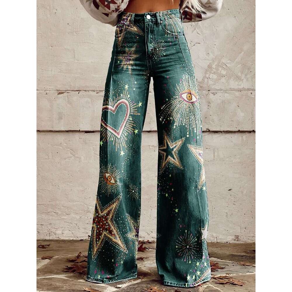 Large women's wide leg new 3D heat transfer flared denim pants, summer thin design