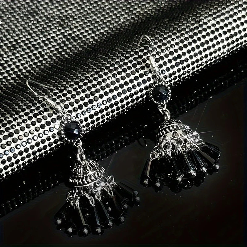Chic Tassel Lantern Earrings - Exquisite Black Chandelier Drops Dangling Ethnic Style Hooks Hypoallergenic for Sensitive Skin 250520