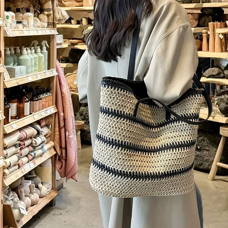 Large Boho Chic Striped Woven Tote Bag, Spacious Shoulder & Shopping For Women With Black And White Design, Beach Bag