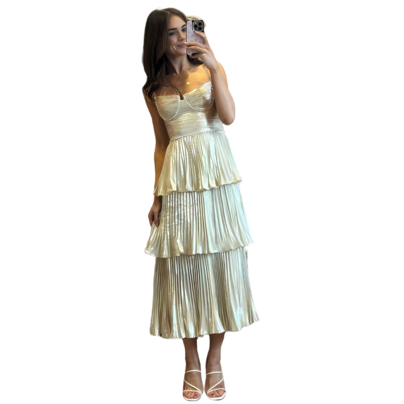 Sparkly Spaghetti Tea Length Prom Dress Pleats Tiered A-Line Graduation Gown Beaded Sweetheart Neckline Chic Birthday Party Dresses 2025