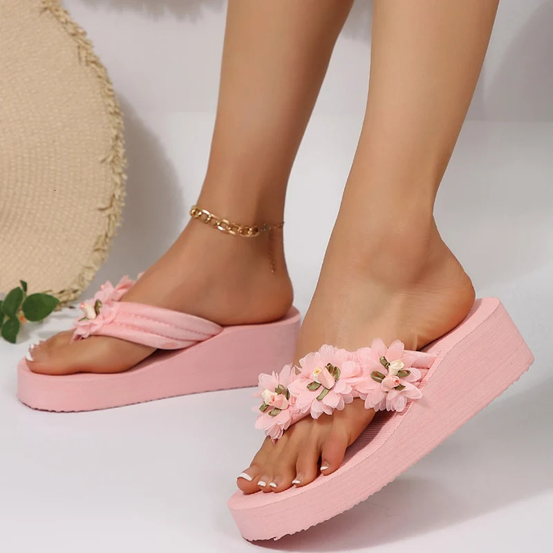 Fashion Flower Decor Wedge Flip Flops Woman Lightweight EVA Platform Slippers Woman 2025 Summer Thick Sole Beach Slides Sandals 250519