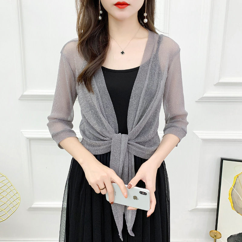 K779 Summer gold and silver silk women's cardigan with mesh cape, large size lace and waistcoat, sun protection cape, air conditioning shirt
