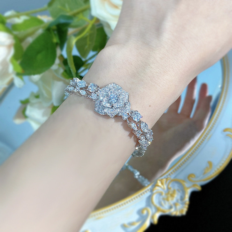 New S925 Silver Full Diamond Inlay Camellia Flower Bracelet, Elegant Luxury Jewelry for Women, Ideal Gift for Special Occasions