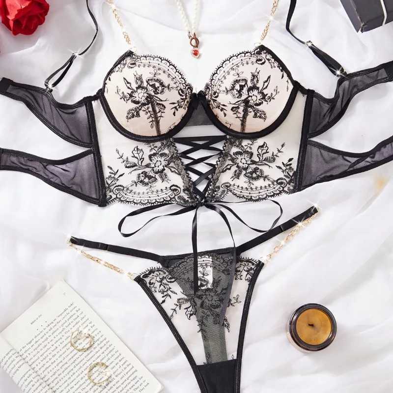 Sexy Embroidery Lingerie Suit for Women Chain Flower Embroidery Cross-belt Hollow Two-piece Set Womens Underwear Suit R250520